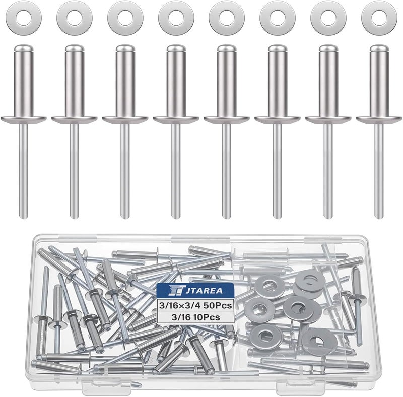 JTAREA 60pcs 3/16" x 3/4" Stainless Steel Pop Rivets with Stainless Steel Washers 4.8 x 20mm Blind Rivet Assortment Kit - Image 1